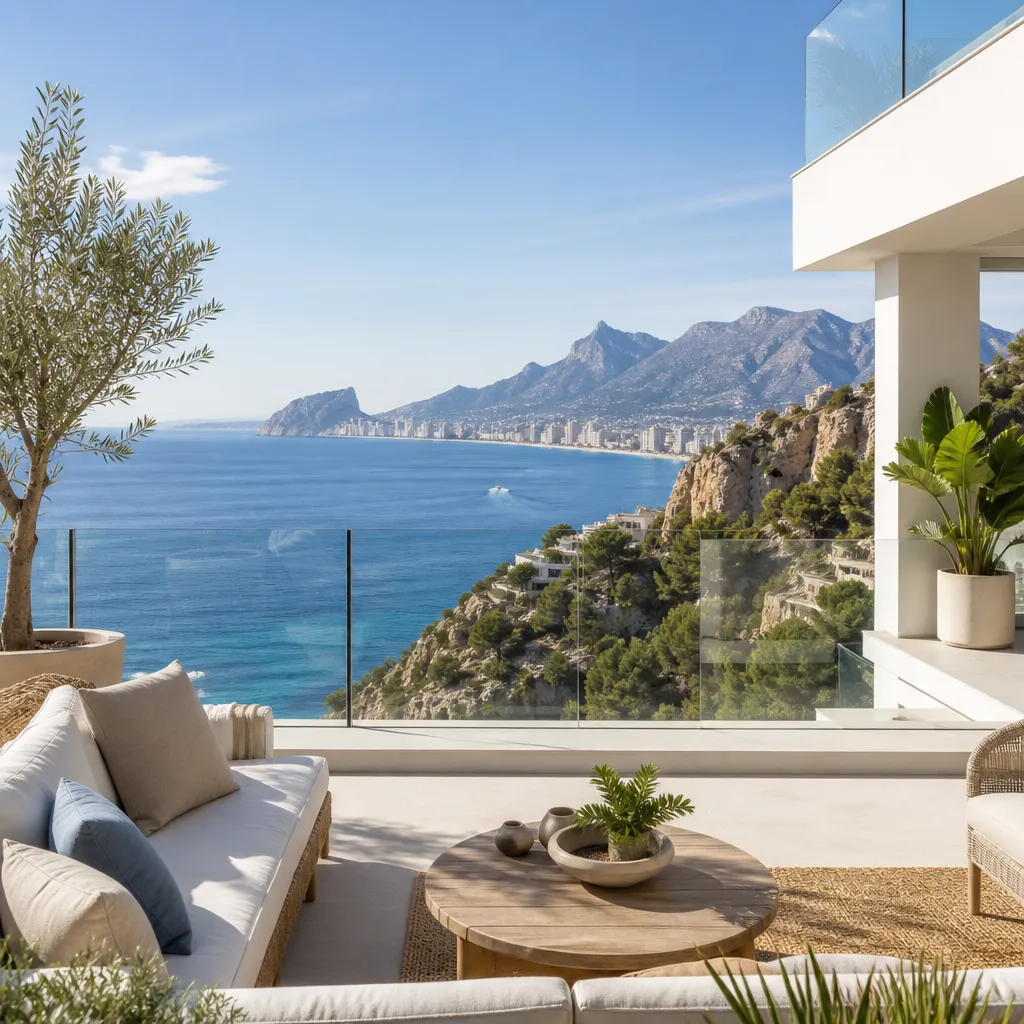 Editorial hero image for a Spanish property content hub article. Topic: Buying Property in Zona Sierra Helada, Spain: A Comprehensive Guide. Region: costa-blanca. Town: zona-sierra-helada. Elegant Mediterranean real estate lifestyle, bright natural light, no text, no logos.