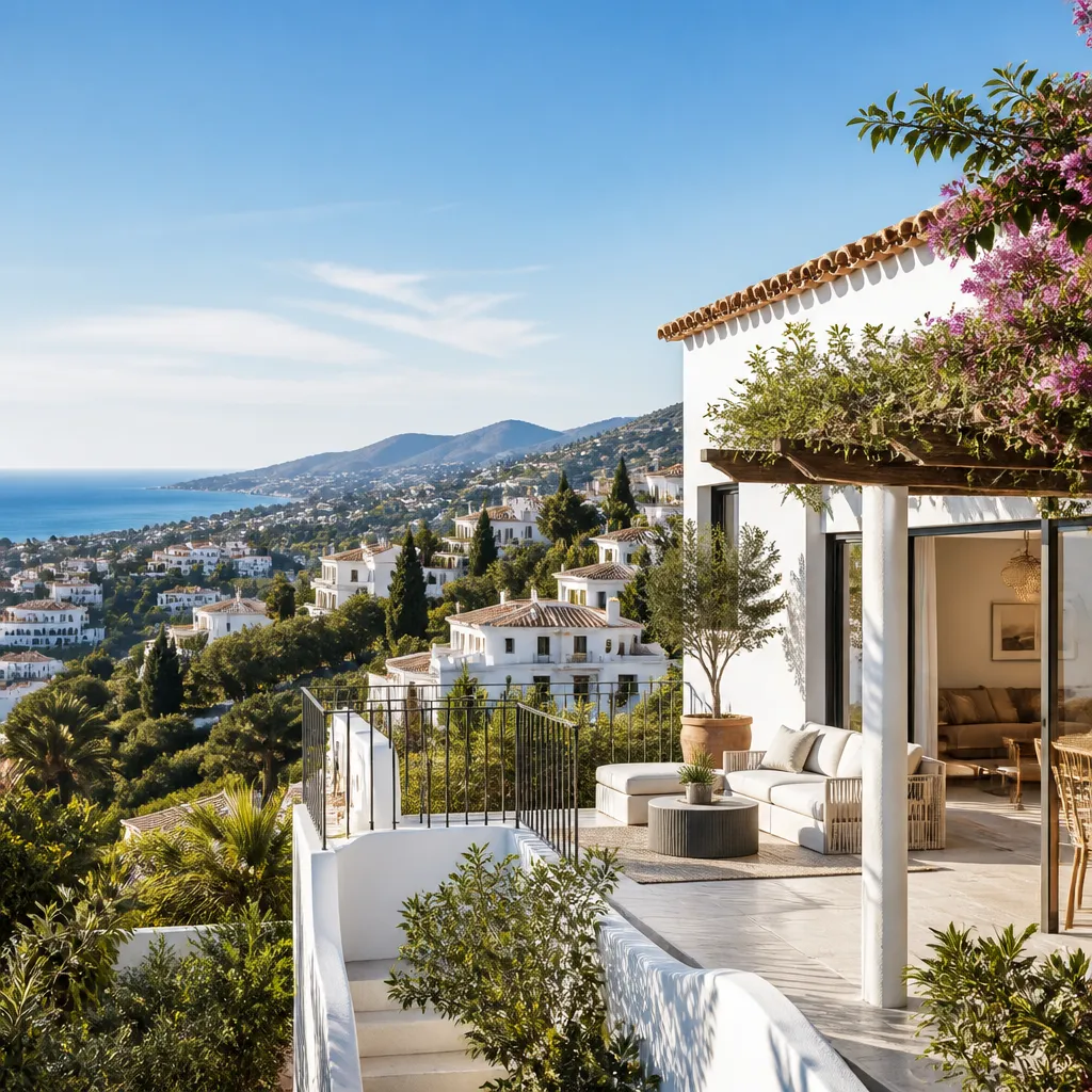 Editorial hero image for a Spanish property content hub article. Topic: Complete Guide to Buying Property in Mijas. Region: costa-del-sol. Elegant Mediterranean real estate lifestyle, bright natural light, no text, no logos.