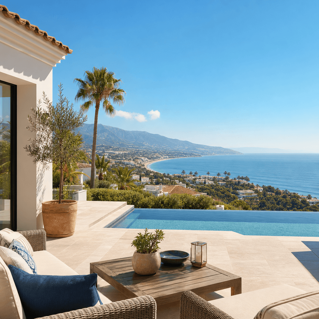 Elegant editorial WebP cover image for Costa del Sol property guide. Mediterranean Spanish coast, property lifestyle, premium but natural, no text, no logos. Web optimized, lightweight, suitable for fast page loading.